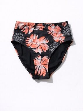 High-Waist Floral Bikini Bottoms in Coral on Black